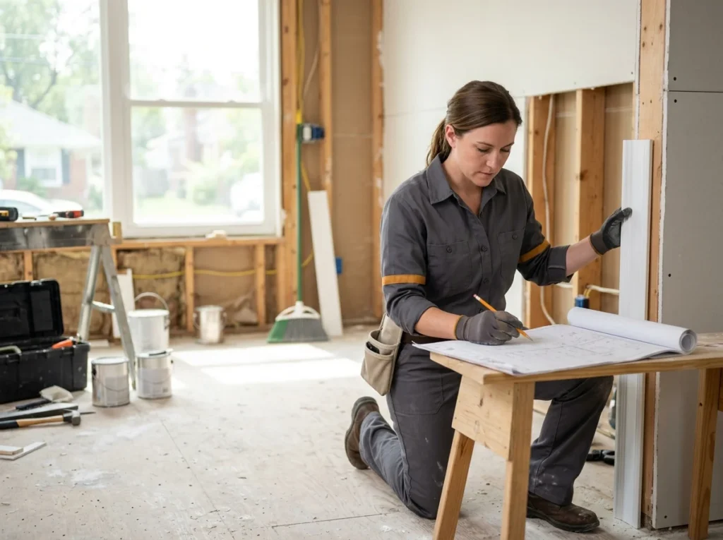 A Keystone craftsman finishing trim work mid-remodel