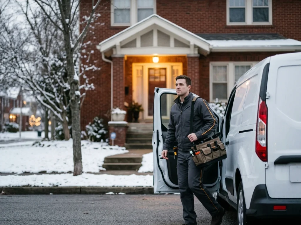 A Keystone technician arriving on an evening call