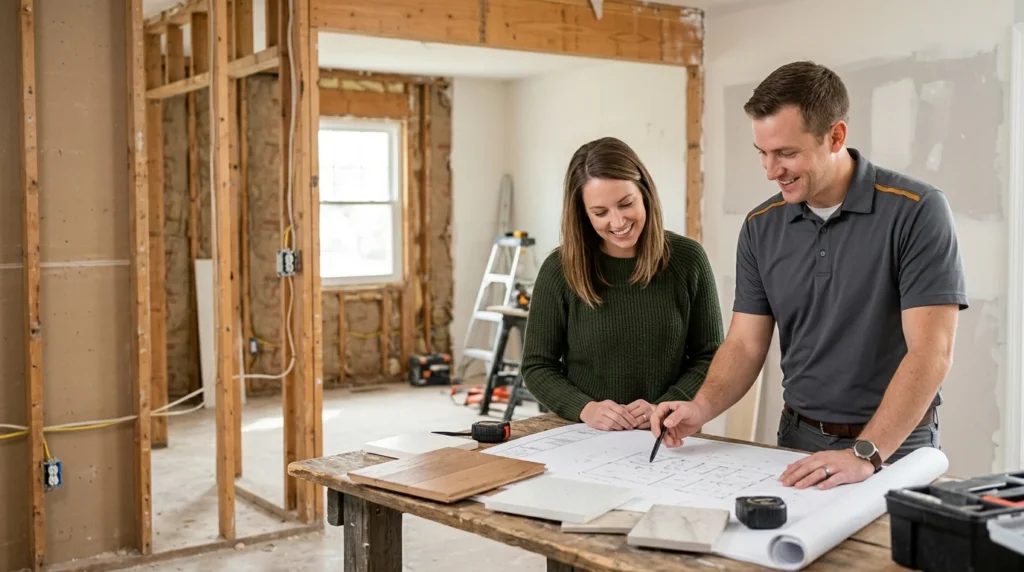 A Keystone project lead reviewing plans with a homeowner