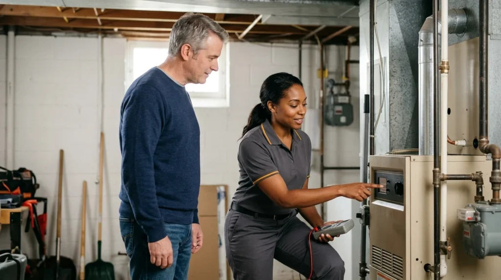 A technician assessing an ageing system while the homeowner looks on