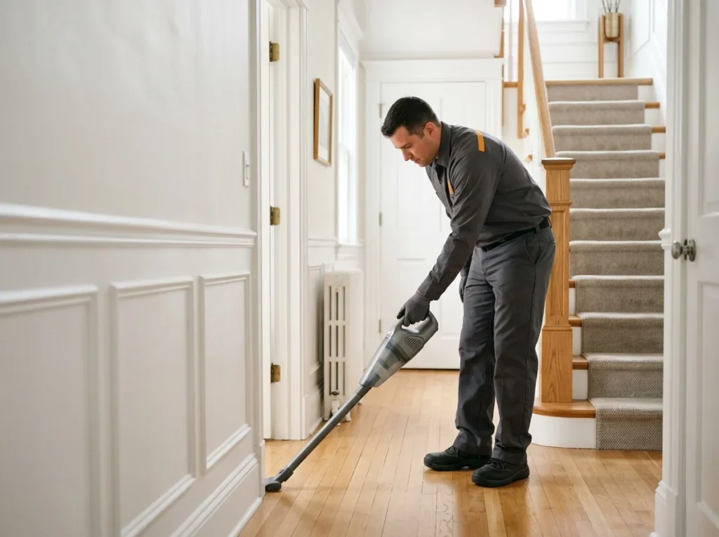 A technician tidying up after finishing a job